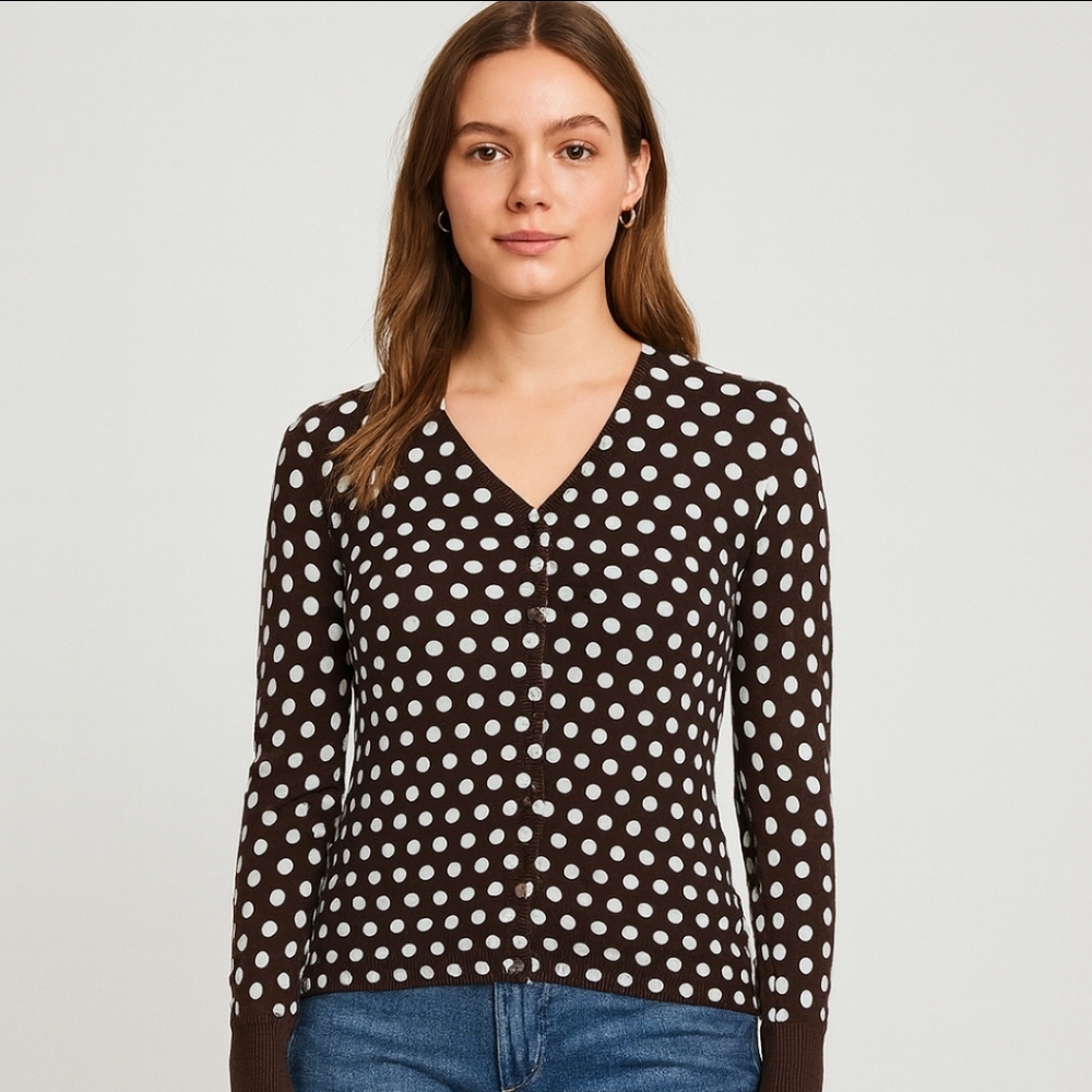 Lands End Black Green Polka Dot Vneck Sweater Sz Lg